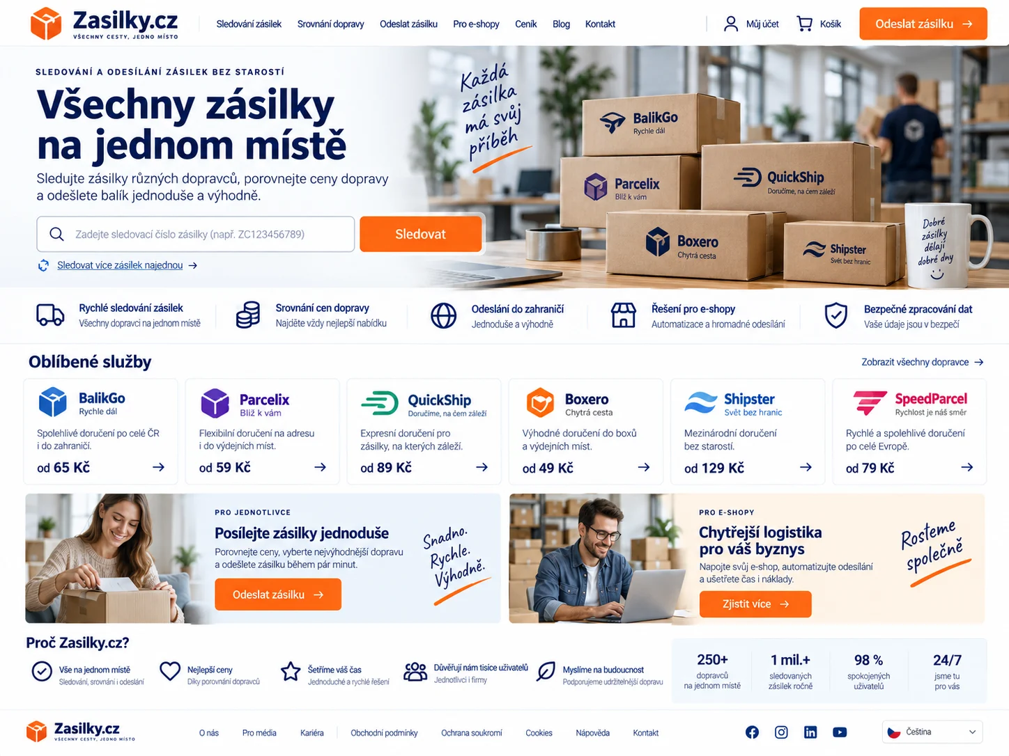 Ilustrační návrh modro-oranžového logistického portálu Zasilky.cz s balíky, sledováním a nabídkami dopravy
